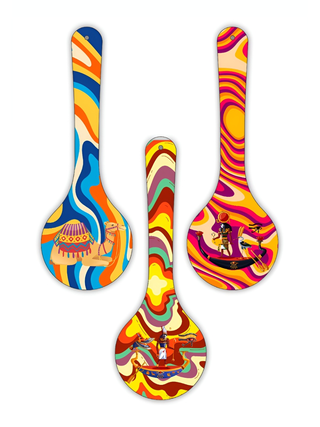

CVANU Blue Yellow 3 Pieces Abstract Painted Spoon Shape Wooden Wall Hangings