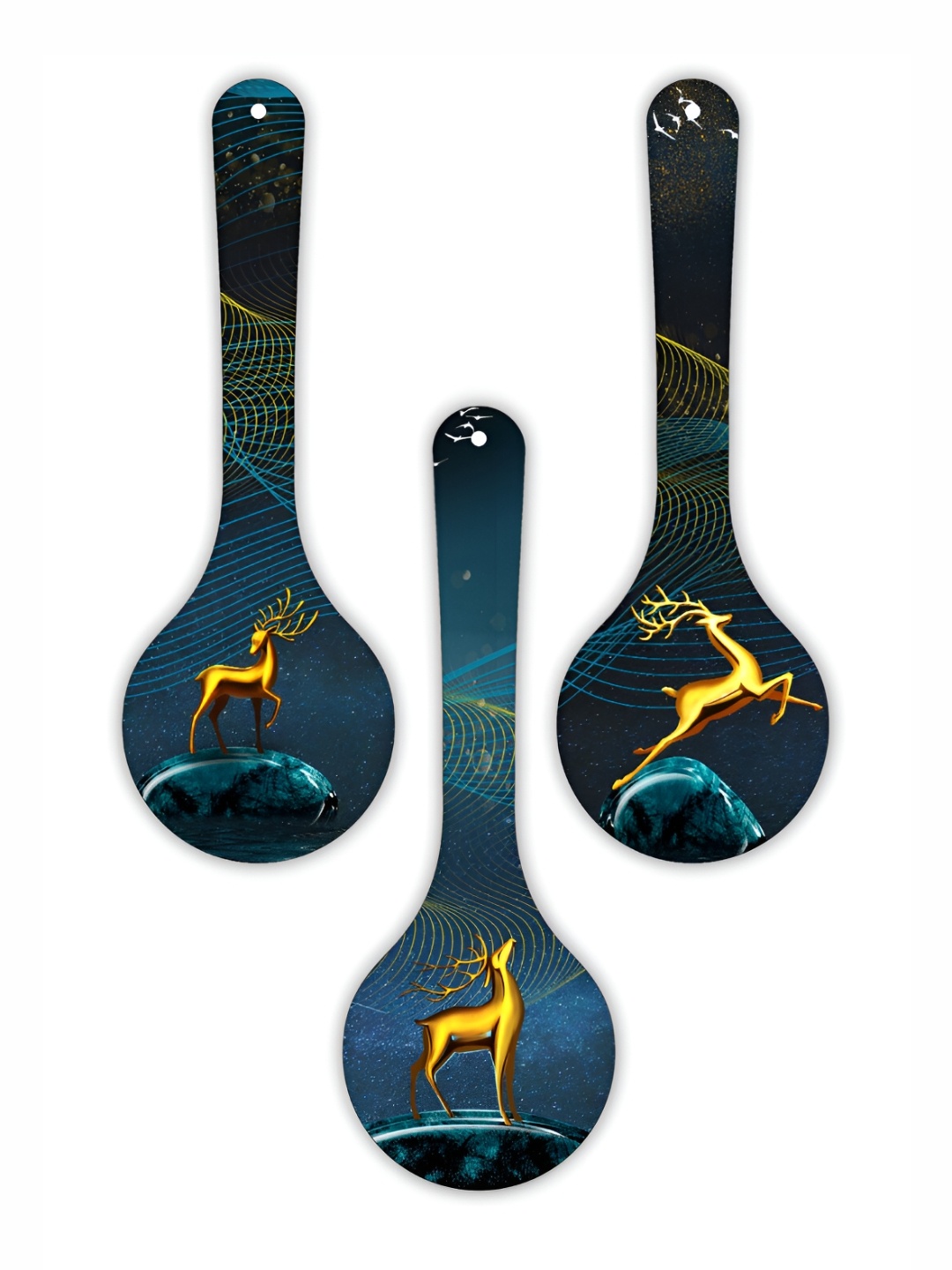 

CVANU 3 Pcs Blue & Yellow Deer Painted Spoon Shape Wooden Wall Hangings