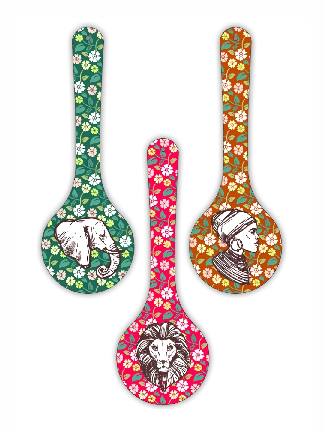 

CVANU Green & Pink 3 Pieces Printed Wooden Wall Hanging