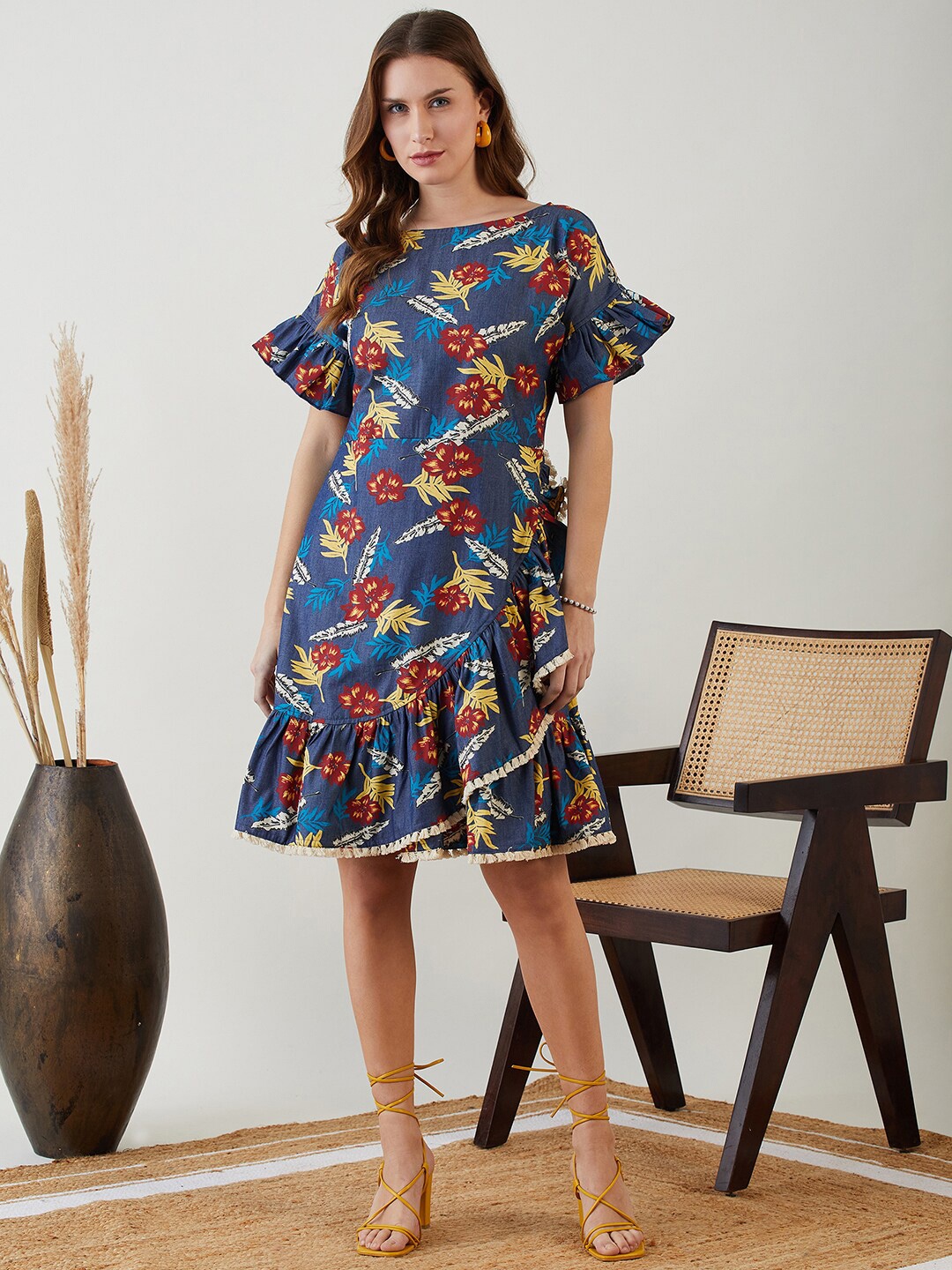 

The Kaftan Company Navy Blue Floral Printed Boat Neck Denim A-Line Dress