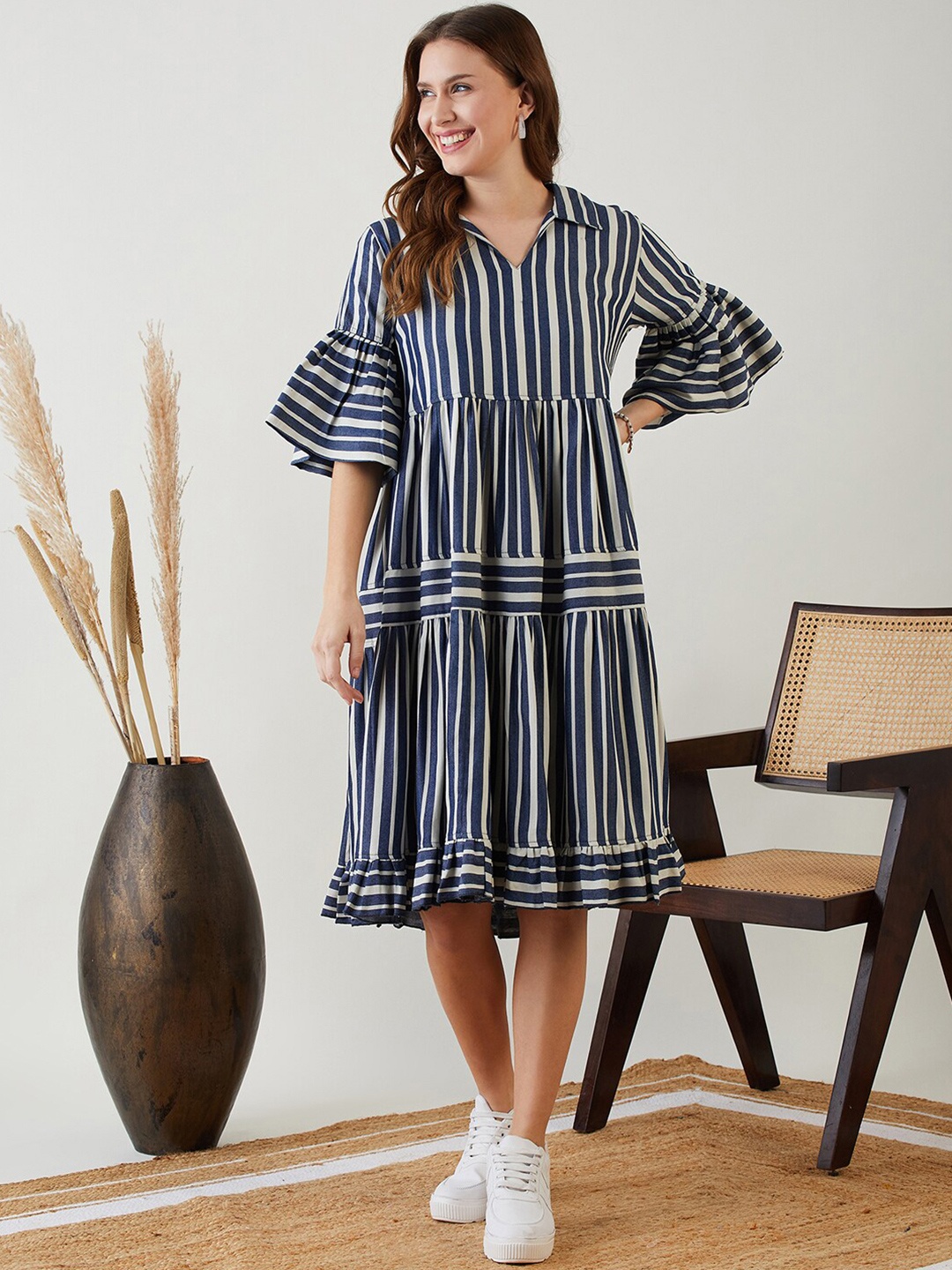 

The Kaftan Company Striped Bell Sleeves Tiered Cotton A-Line Dress, Navy blue