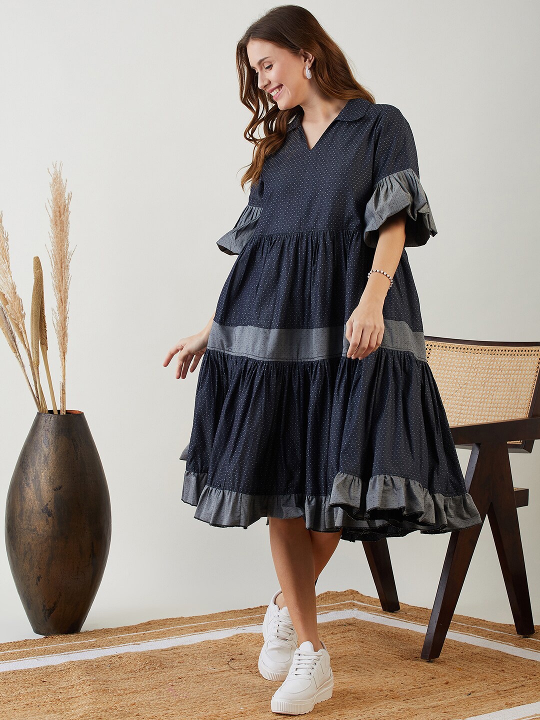 

The Kaftan Company Polka Dots Printed Tiered Cotton A-Line Dress, Navy blue
