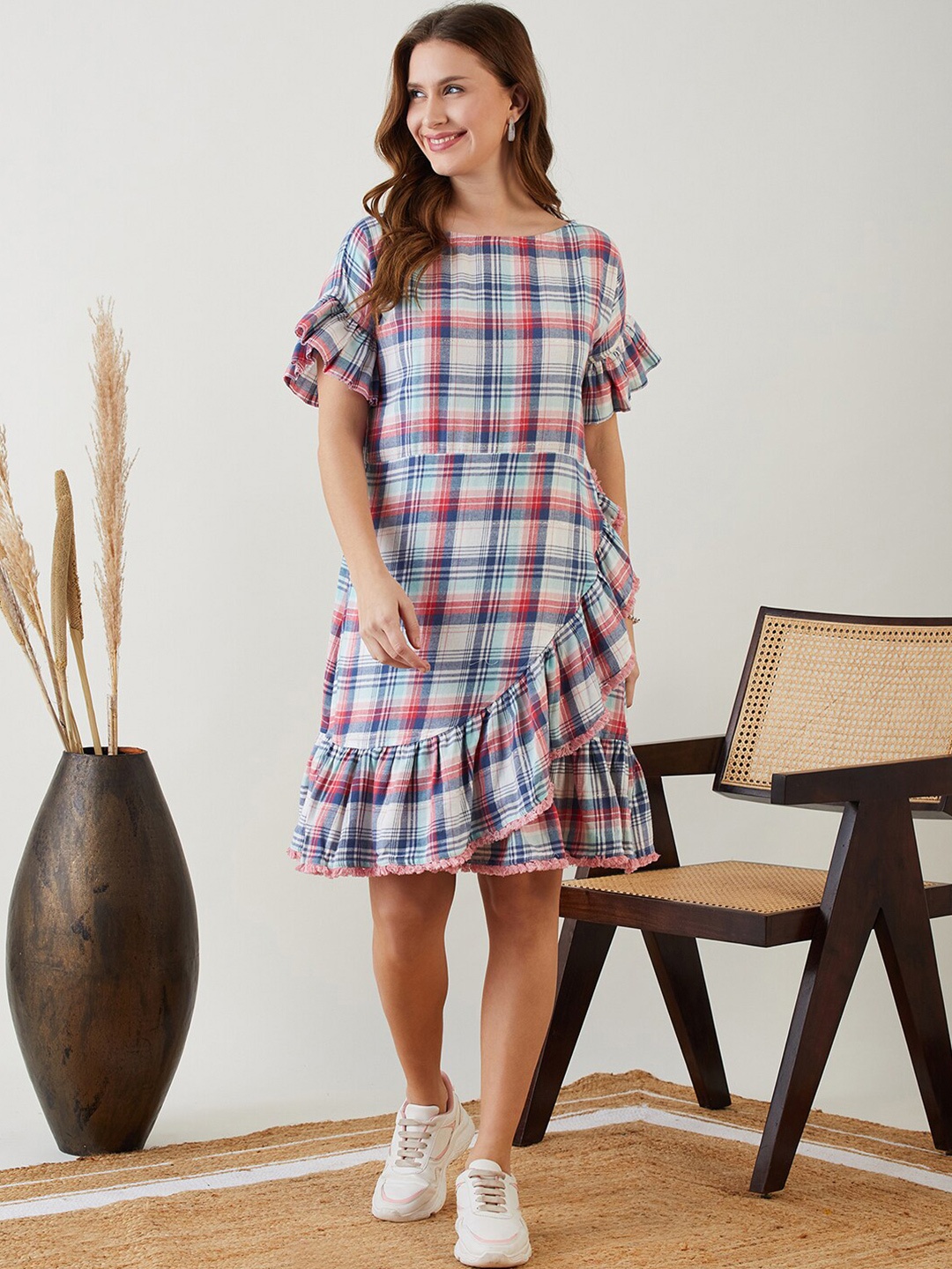 

The Kaftan Company Checked Ruffled Cotton A-Line Dress, Pink