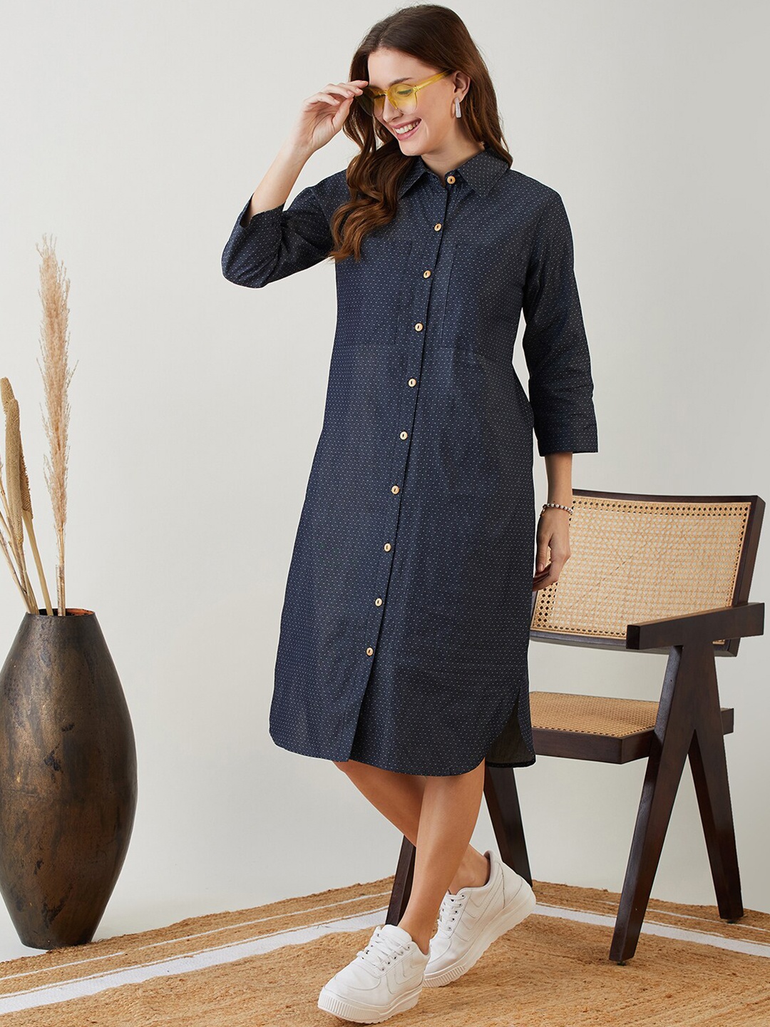 

The Kaftan Company Polka Dots Printed Cotton Shirt Style Midi Dress, Navy blue