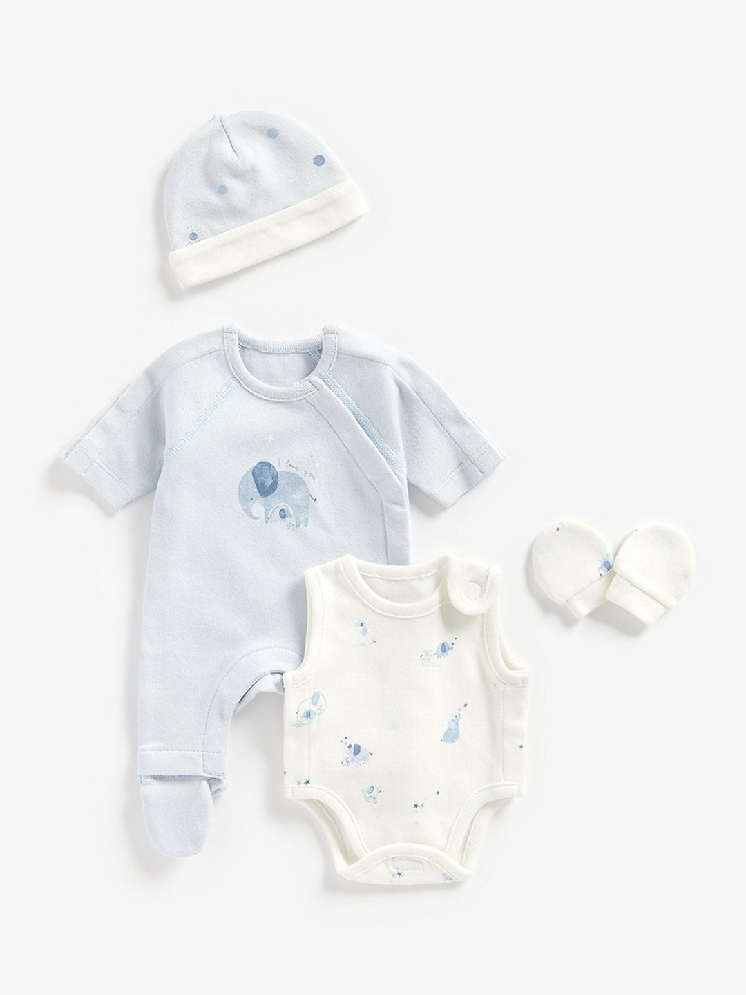 

mothercare 4-Pcs Printed Pure Cotton Baby Apparel Gift Set, Blue