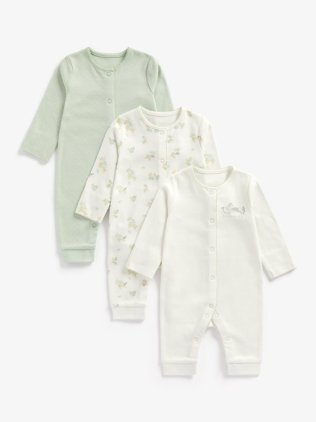

mothercare Infants Set of 3 Cotton Printed Rompers, Green