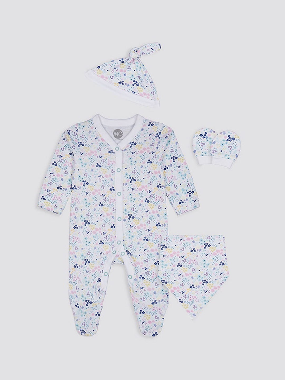 

mothercare Infant Girls Floral Print Cotton 3 Pieces Apparel Gift Set, White