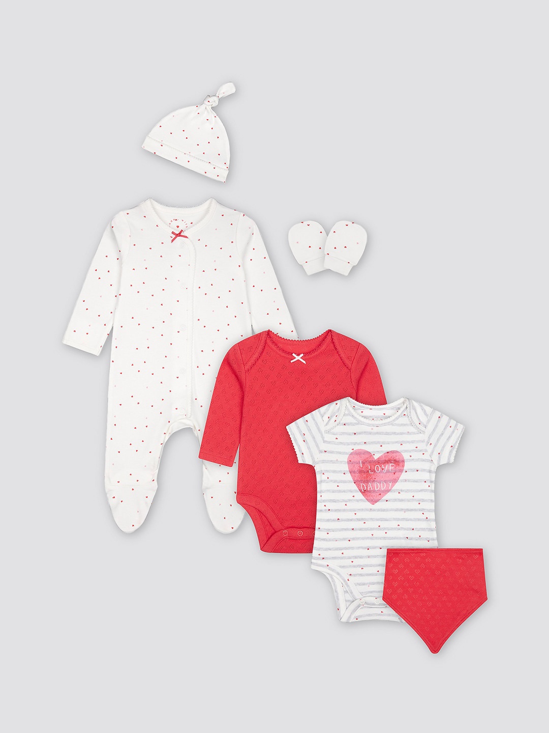 mothercare Infant Girls 6-Pcs Printed Pure Cotton Baby Apparel Gift Set, Red