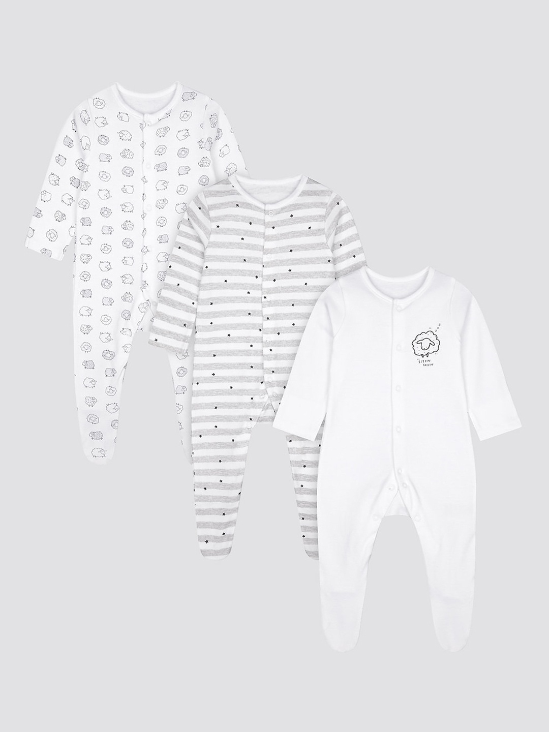 

mothercare Kids Pack of 3 Printed Pure Cotton Sleepsuits, White