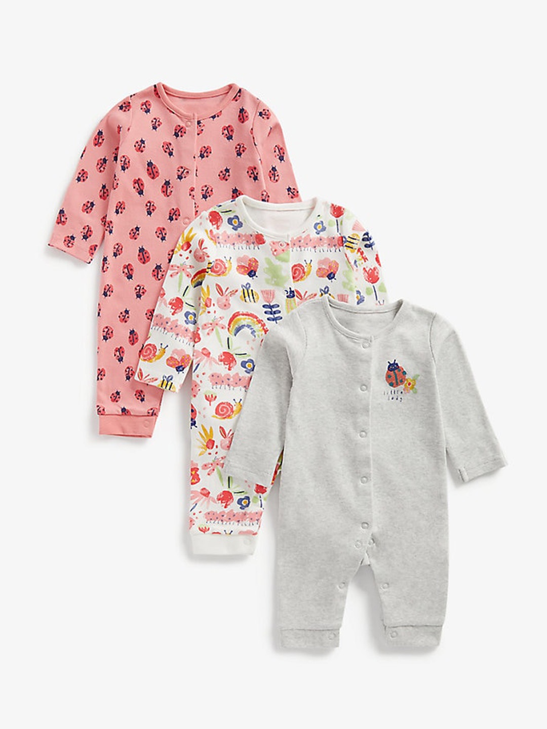 mothercare Infants Kids Pack Of 3 Printed Cotton Rompers, Pink