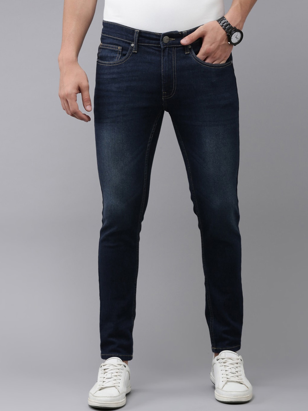 

Mast & Harbour Men Navy Blue Skinny Fit Mid-Rise Dark Shade Clean Look Stretchable Jeans