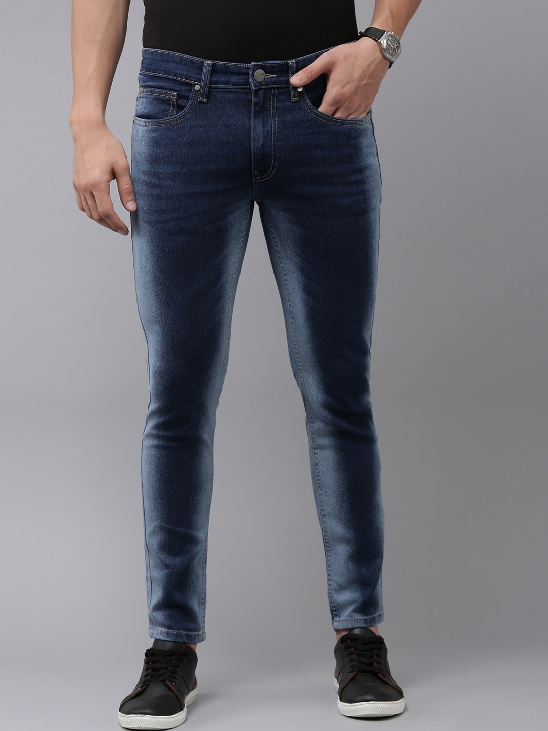 

Mast & Harbour Men Blue Skinny Fit Mid-Rise Dark Shade Clean Look Stretchable Jeans
