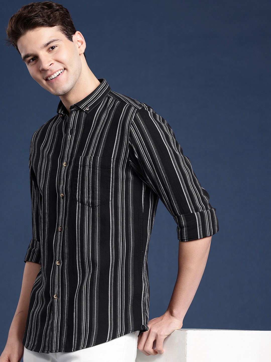 

Mast & Harbour Men Standard Multi Stripes Casual Shirt, Black