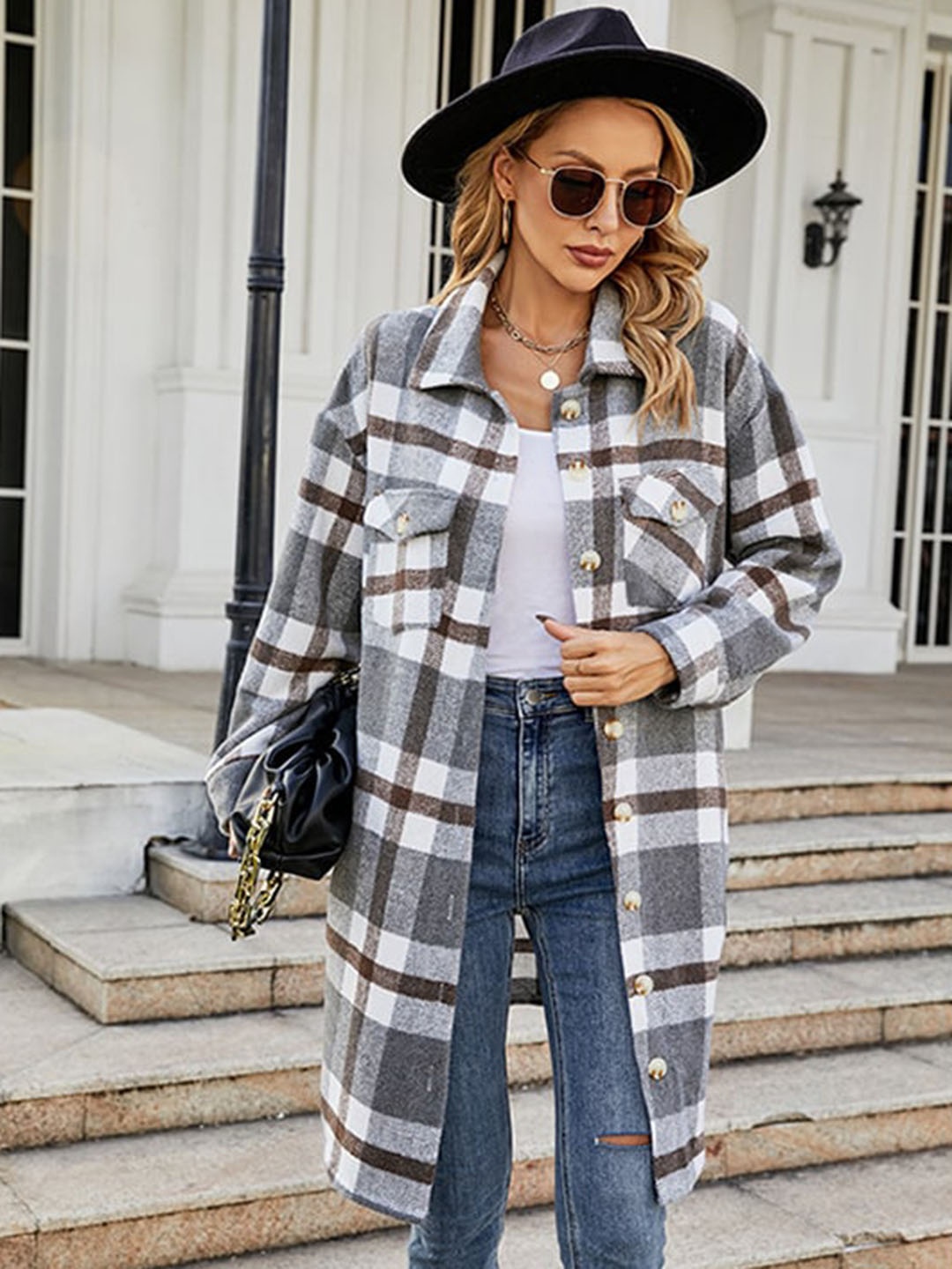 

StyleCast Grey Checked Spread Collar Single Breasted Overcoat