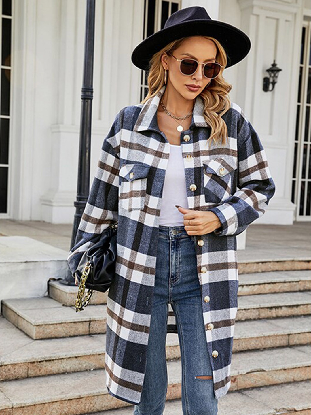 

StyleCast Navy Blue Checked Single Breasted Overcoat