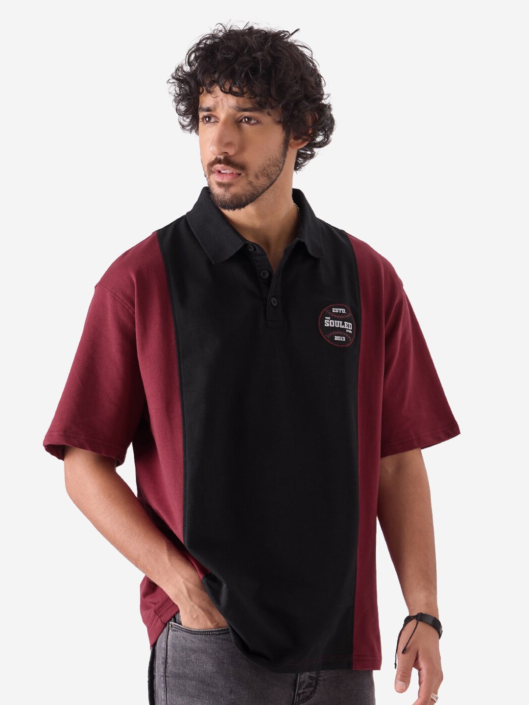 

The Souled Store Red Colourblocked Polo Collar Oversized Pure Cotton T-shirt