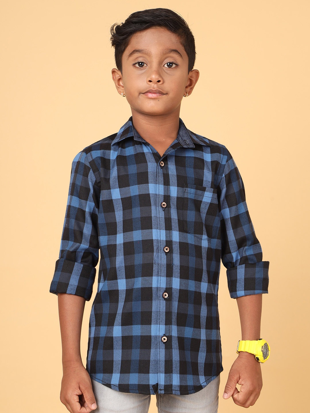 

CAZZBA Boys Tartan Checked Cotton Casual Shirt, Navy blue