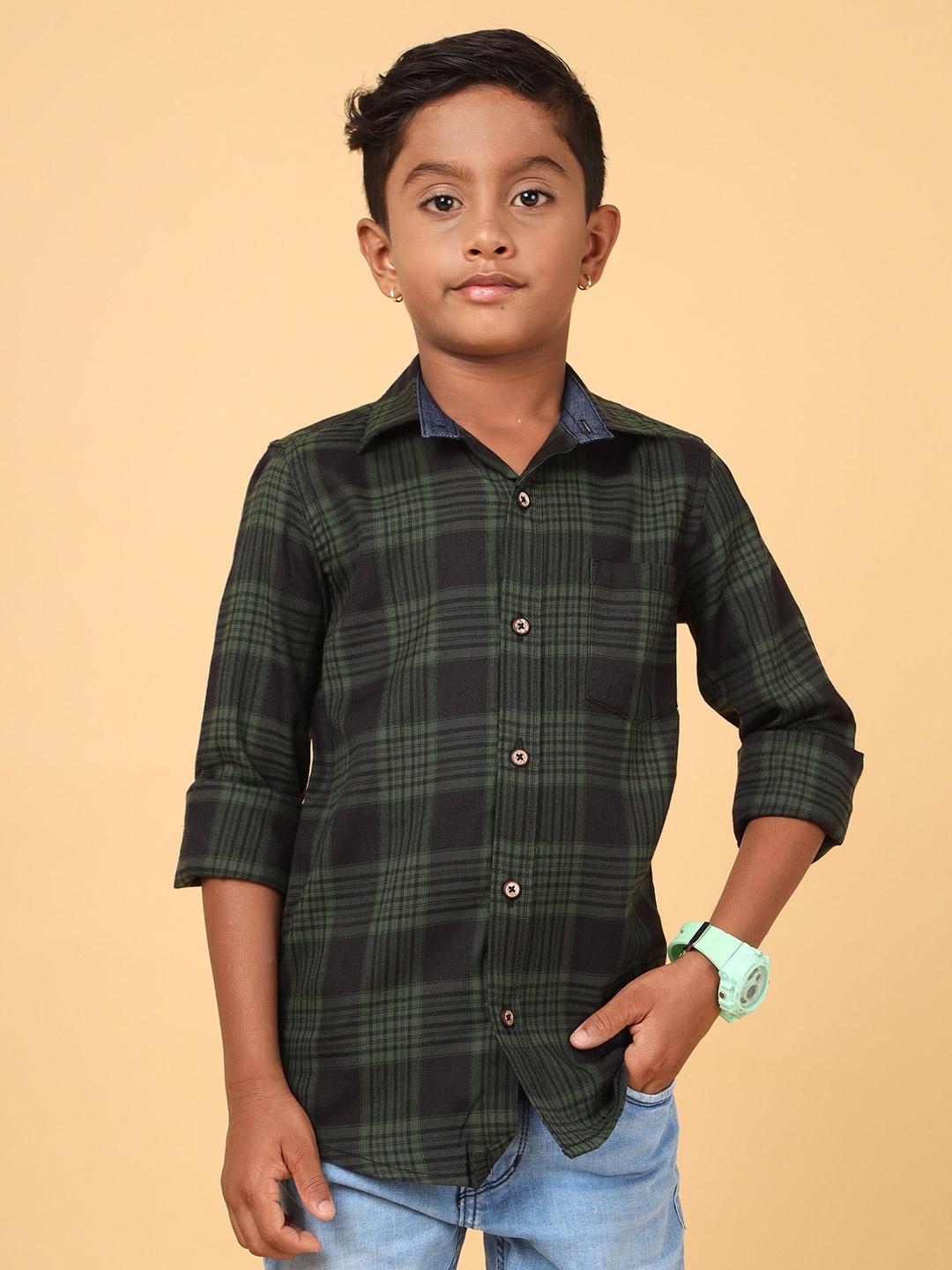 

CAZZBA Boys Tartan Checked Cotton Casual Shirt, Green