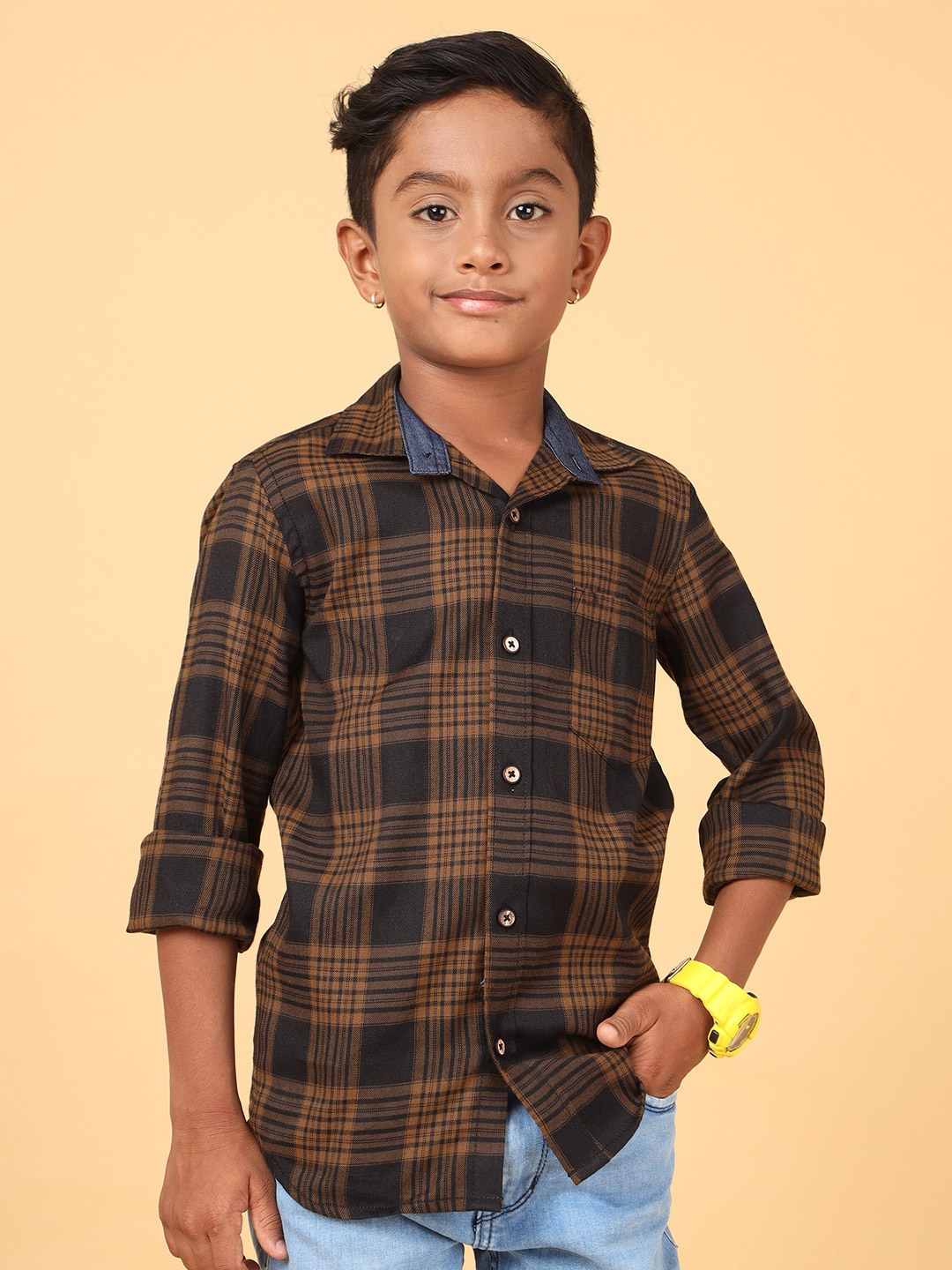 

CAZZBA Boys Tartan Checked Cotton Casual Shirt, Brown