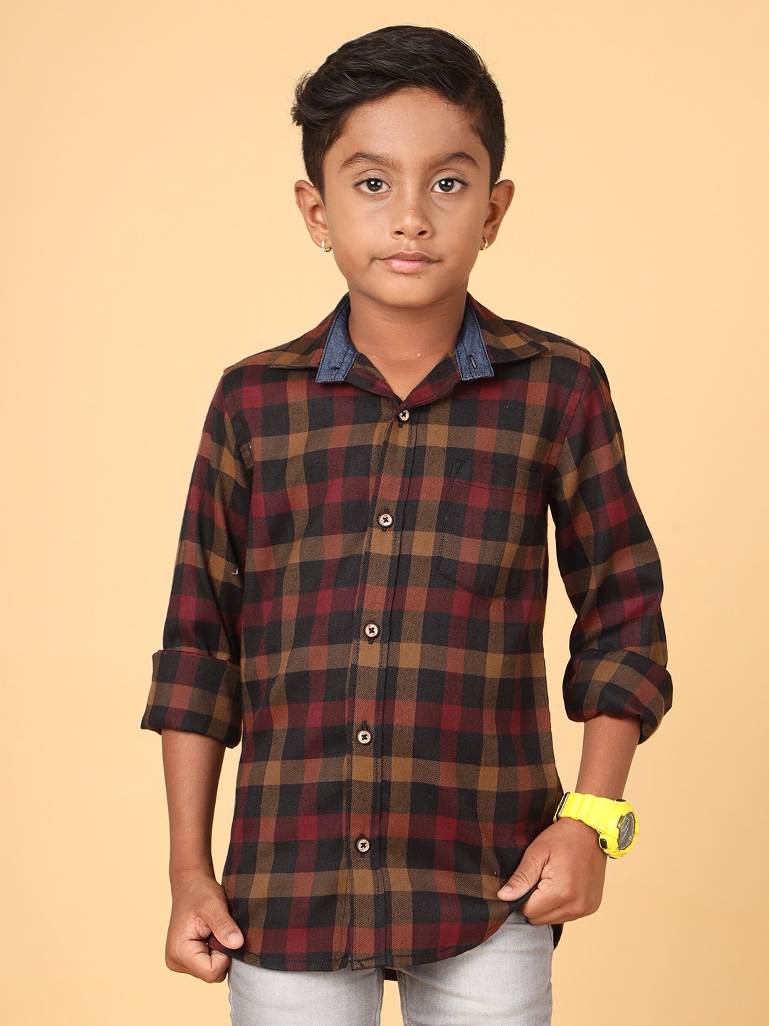 

CAZZBA Boys Tartan Checked Cotton Casual Shirt, Black