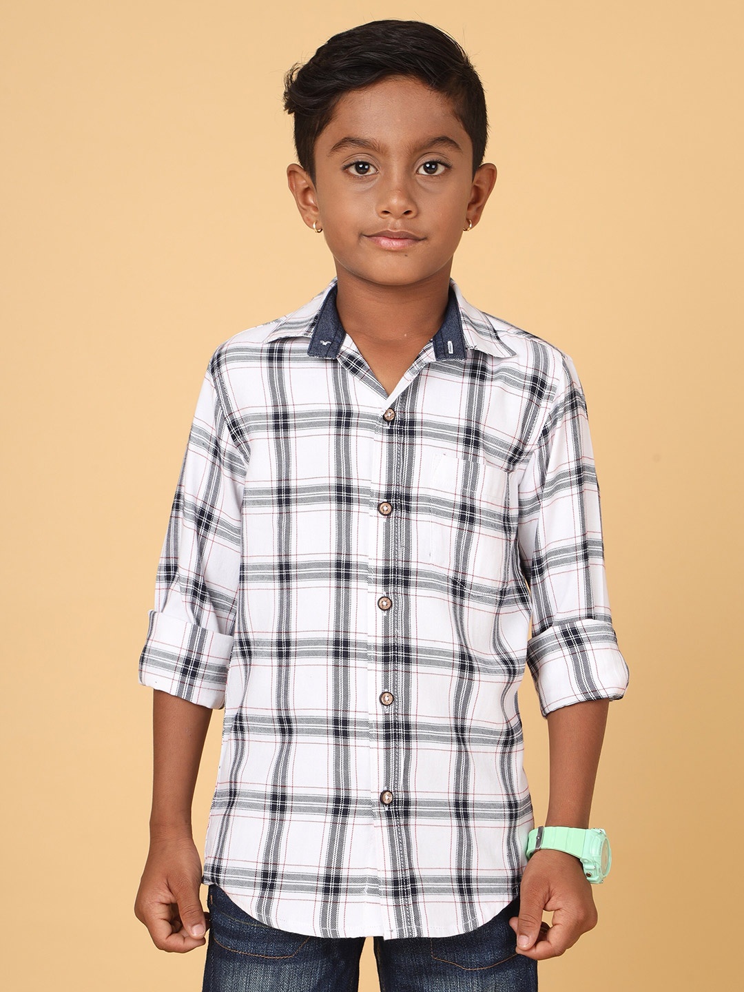 

CAZZBA Boys Windowpane Checked Cotton Casual Shirt, White