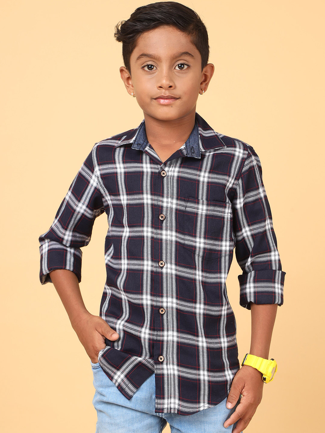 

CAZZBA Boys Windowpane Checked Cotton Casual Shirt, Navy blue