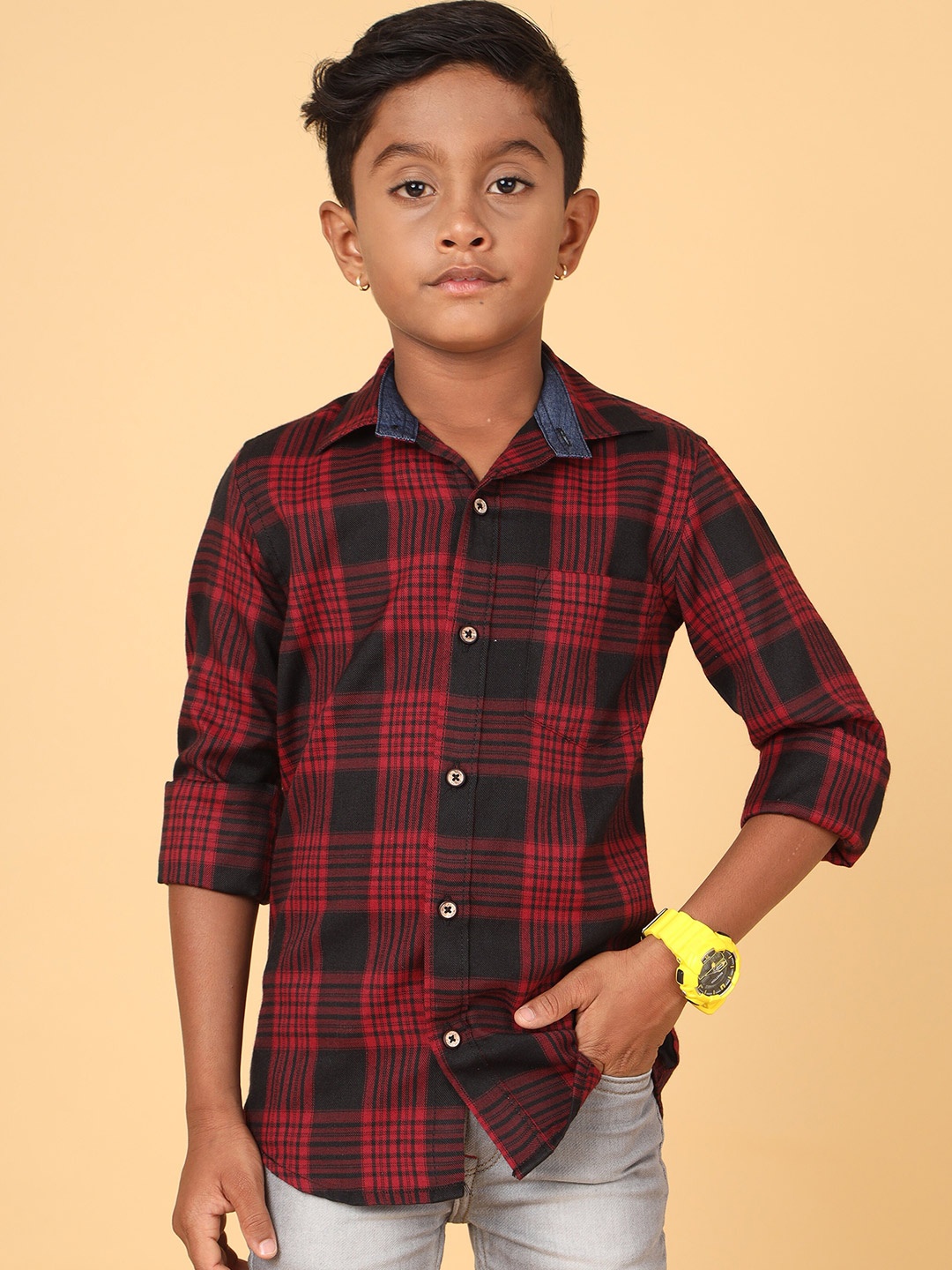 

CAZZBA Boys Tartan Checked Cotton Casual Shirt, Maroon