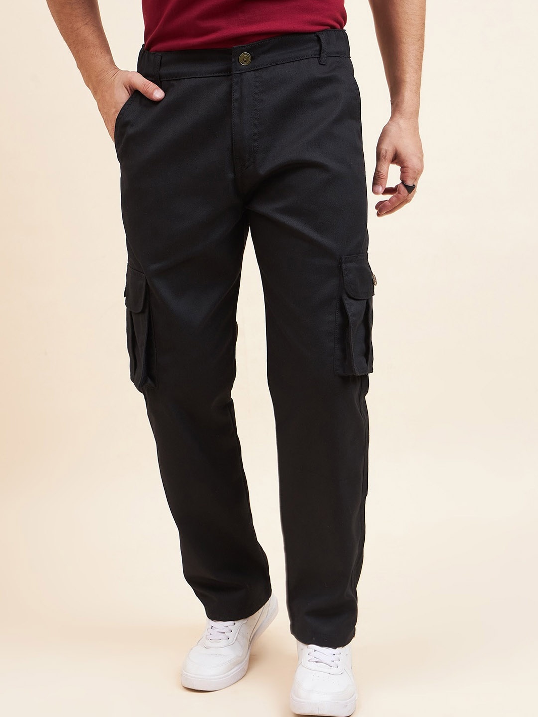 

Kook N Keech Men Relaxed Straight Leg Loose Fit High-Rise Cargos Trousers, Black