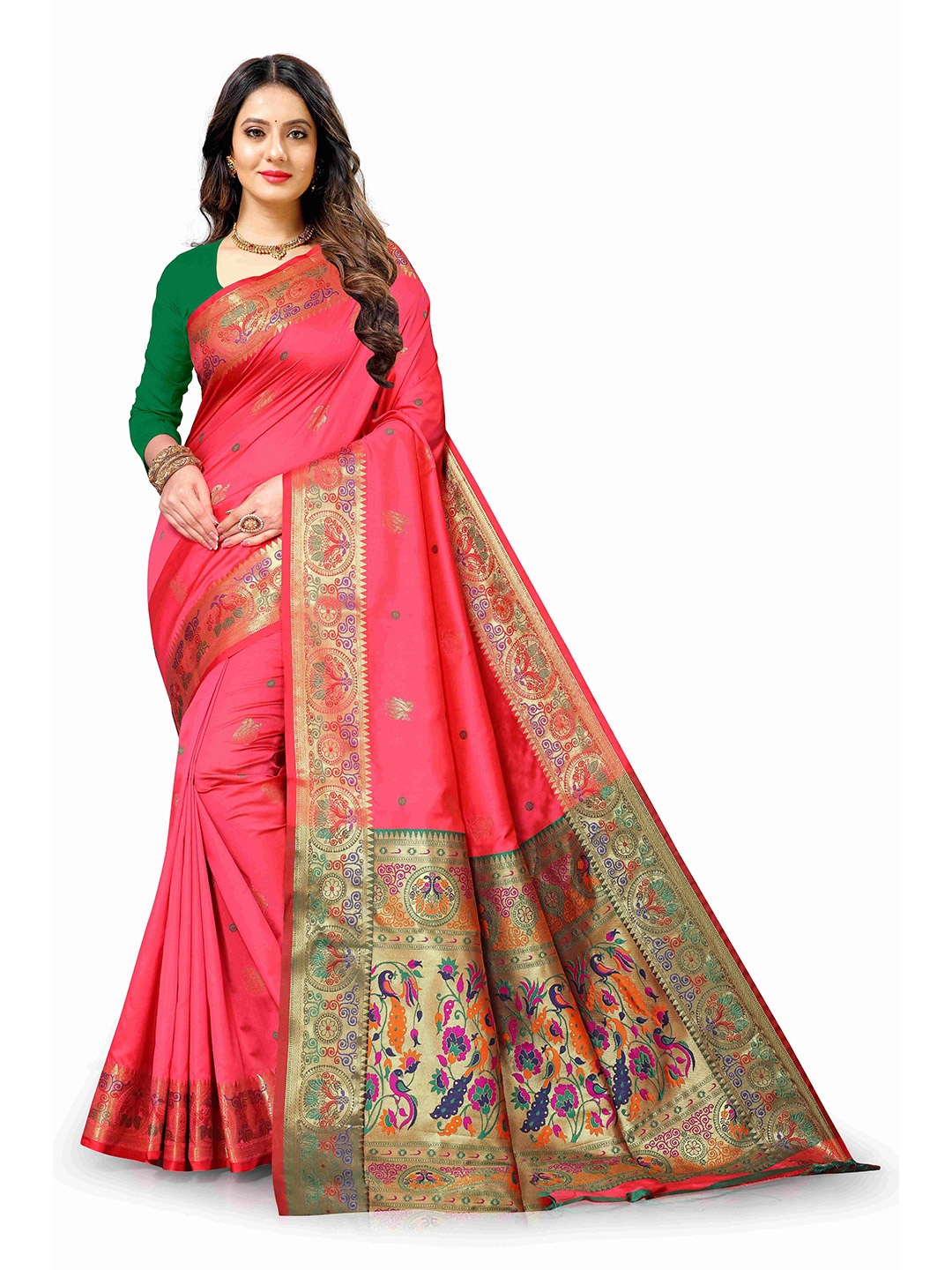 

NIWAA Ethnic Motif Woven Design Cotton Silk Paithani Saree, Pink