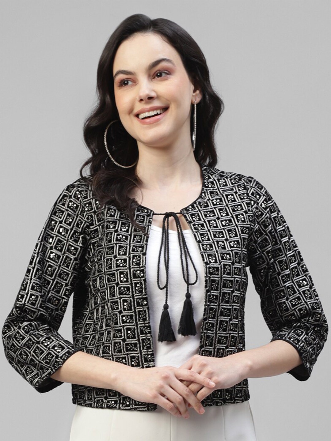 

DEEBACO Embroidered Crop Tie-Up Shrug, Black
