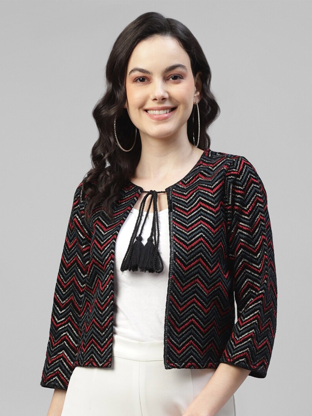 

DEEBACO Embroidered Crop Tie-Up Shrug, Black
