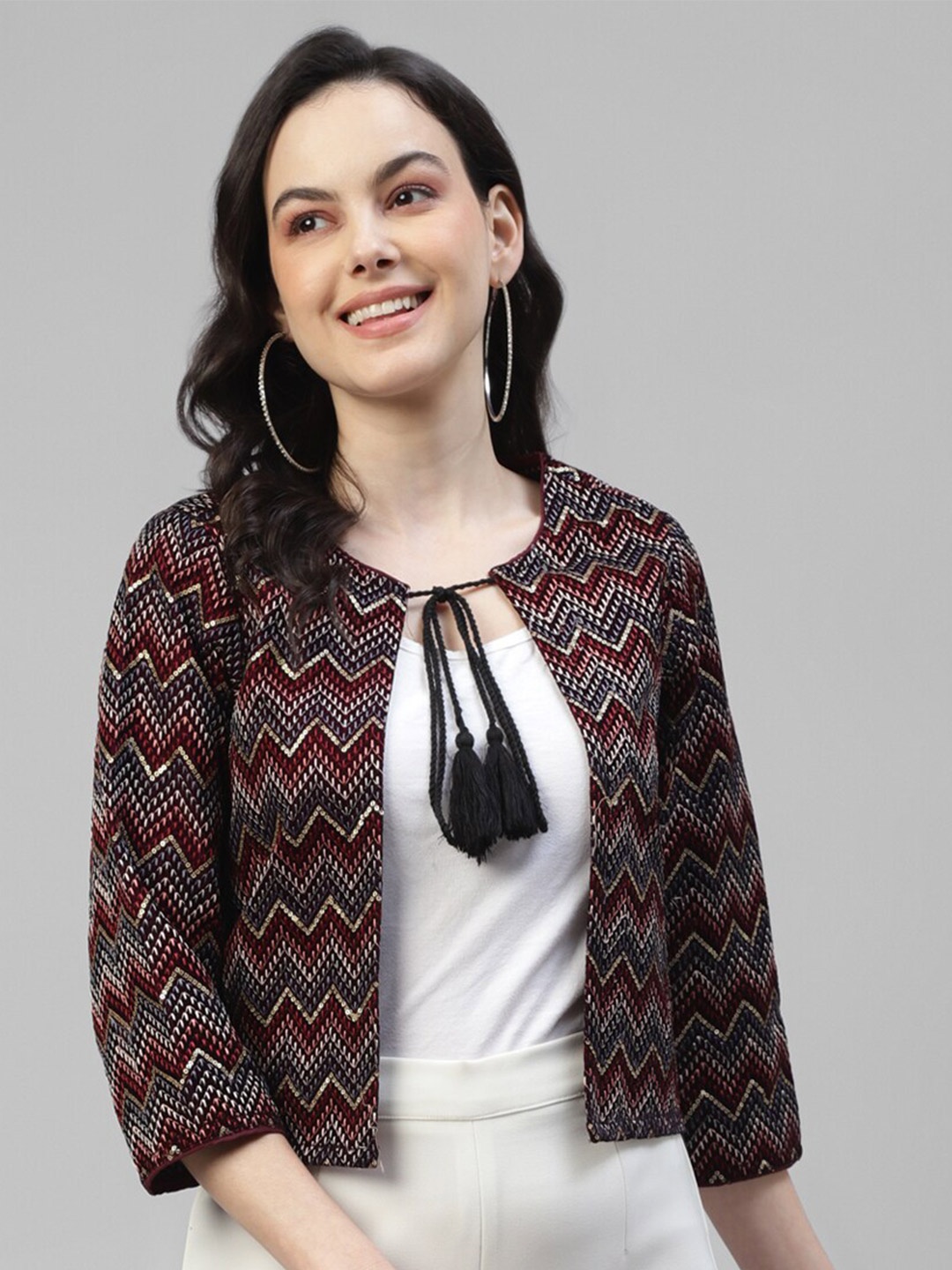 

DEEBACO Embroidered Crop Tie-Up Shrug, Maroon