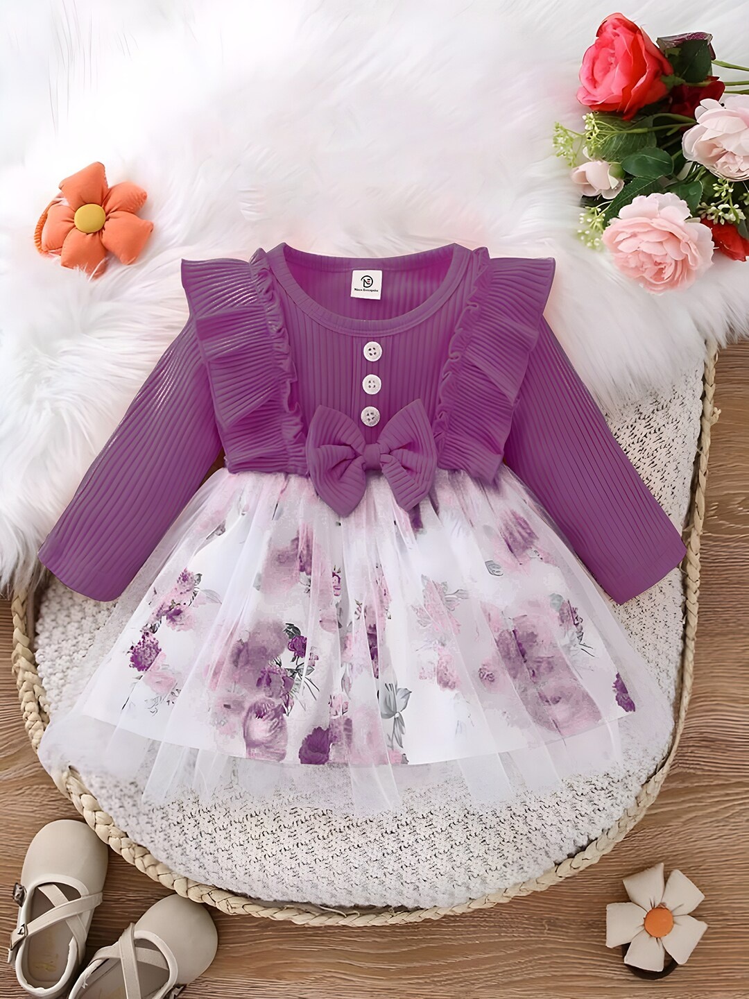 

BAESD Girls Floral Printed Ruffled Fit & Flare Dress, Purple