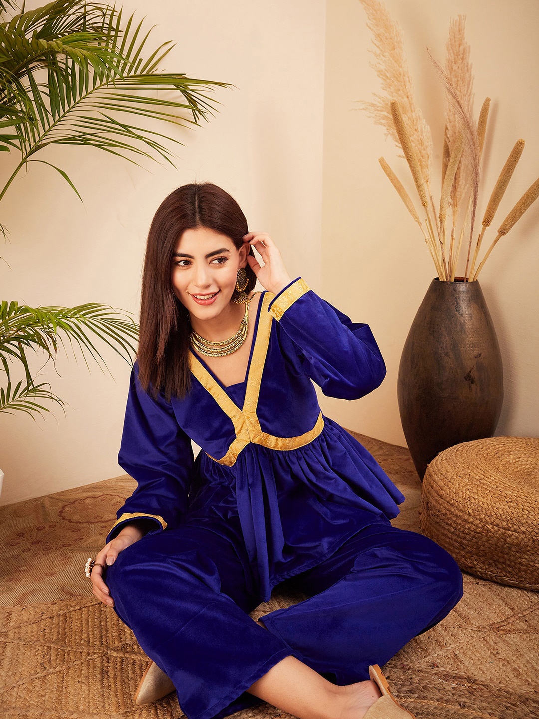 

Sangria V-Neck Velvet Tunic & Trouser Co-Ords, Blue