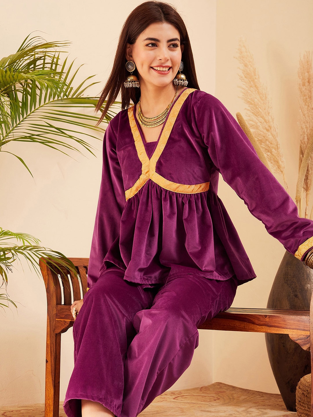 

Sangria V-Neck Velvet Tunic & Trouser Co-Ords, Purple