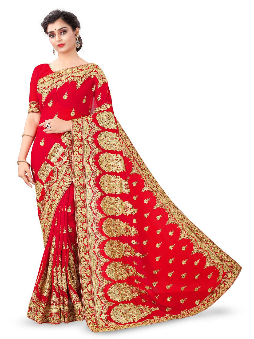 

B Bella Creation Ethnic Motifs Embroidered Beads & Stones Saree, Red