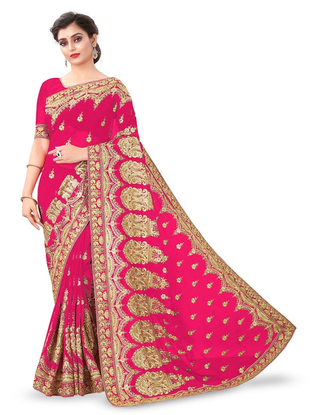 

B Bella Creation Ethnic Motifs Embroidered Beads & Stones Saree, Pink