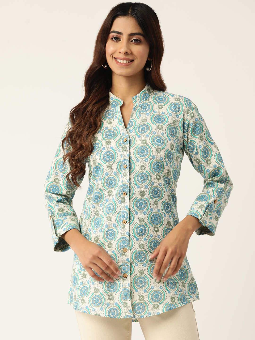 

Molcha Contemporary Floral Printed Pure Cotton Semiformal Shirt, Green