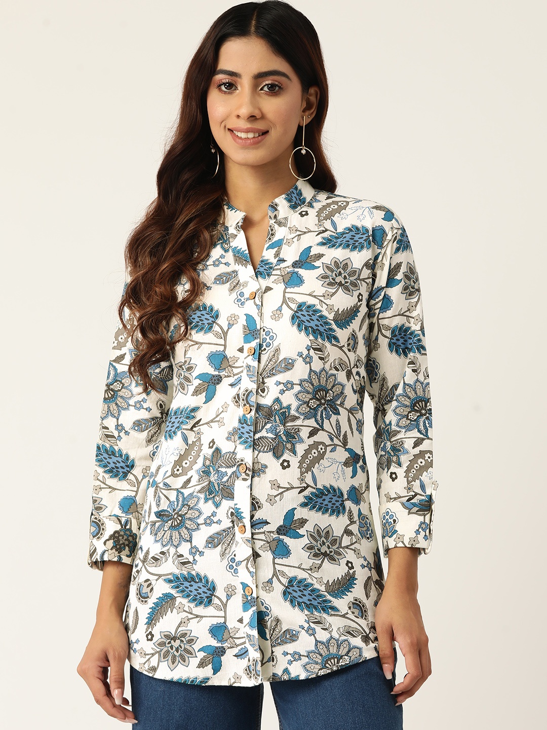 

Molcha Contemporary Floral Printed Pure Cotton Semiformal Shirt, Blue