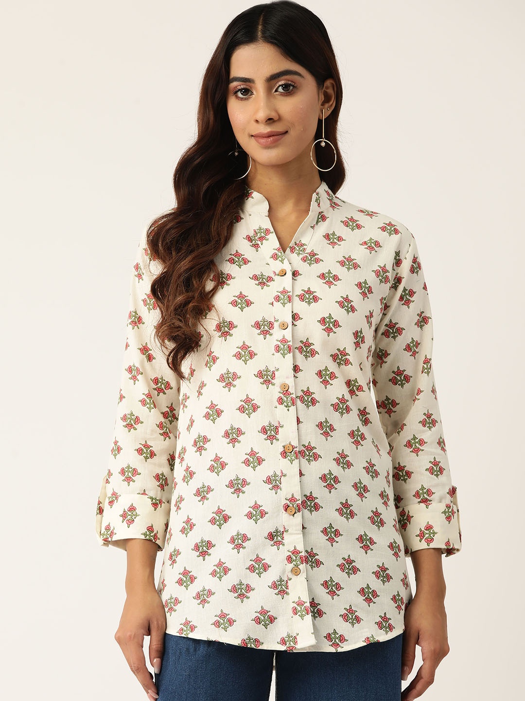

Molcha Contemporary Floral Printed Pure Cotton Semiformal Shirt, White