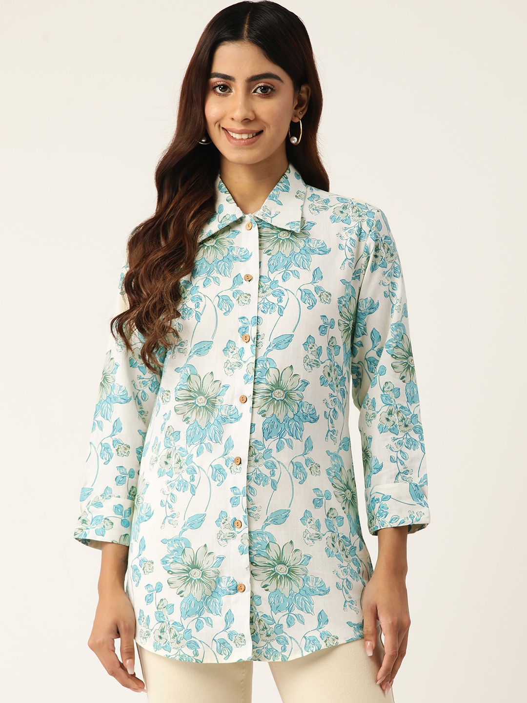 

Molcha Contemporary Floral Printed Pure Cotton Semiformal Shirt, Blue