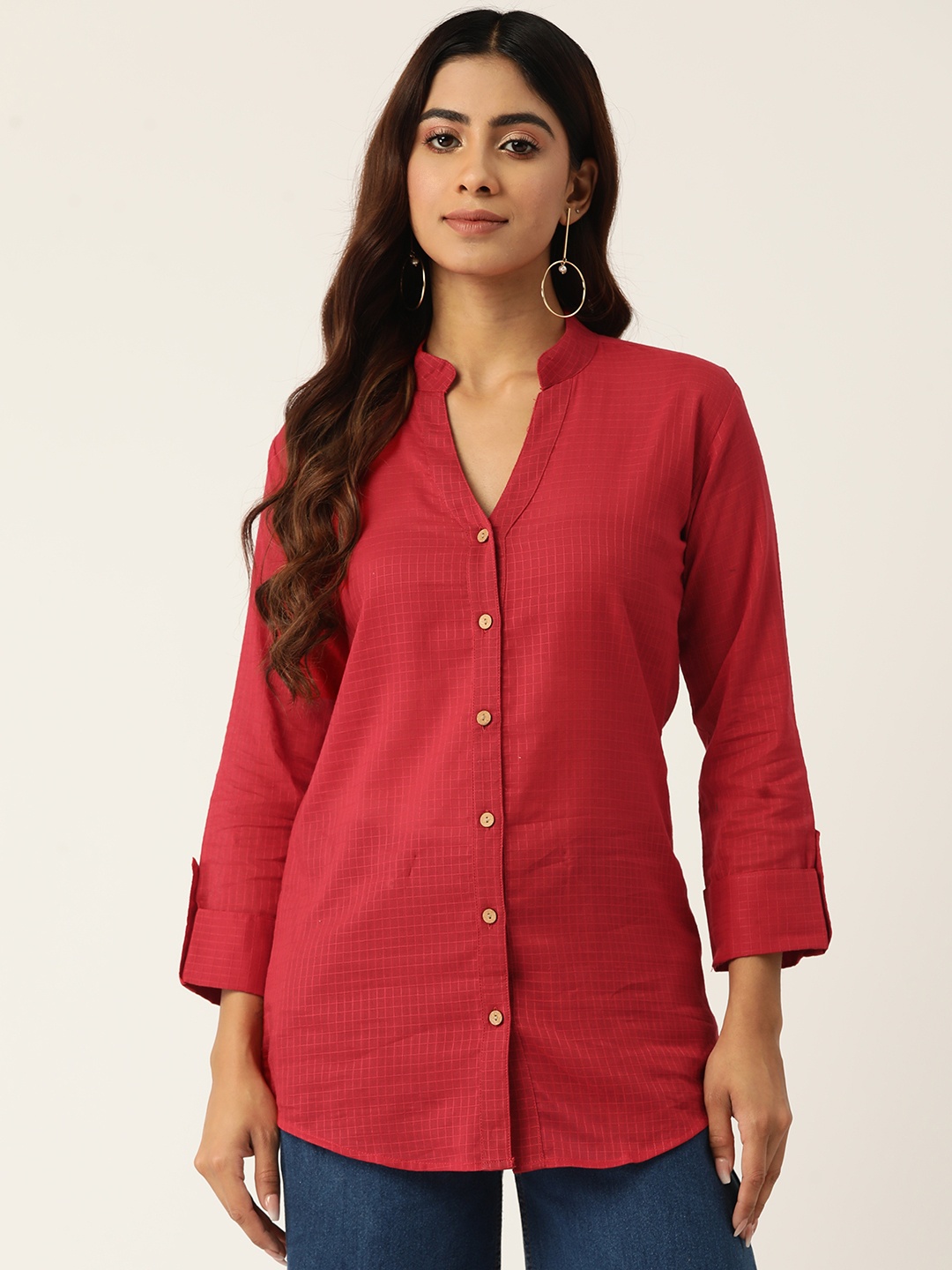 

Molcha Contemporary Checked Mandarin Collar Roll-Up Sleeves Pure Cotton Semiformal Shirt, Red