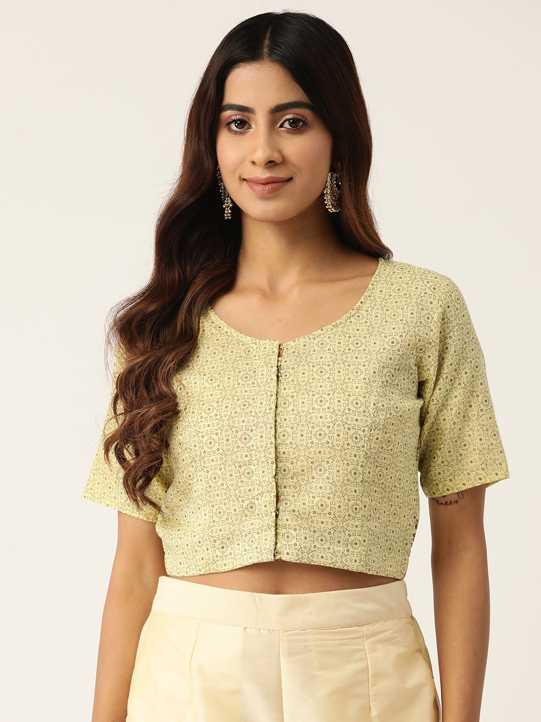 

Molcha Women Printed Cotton Front Open Saree Blouse, Yellow