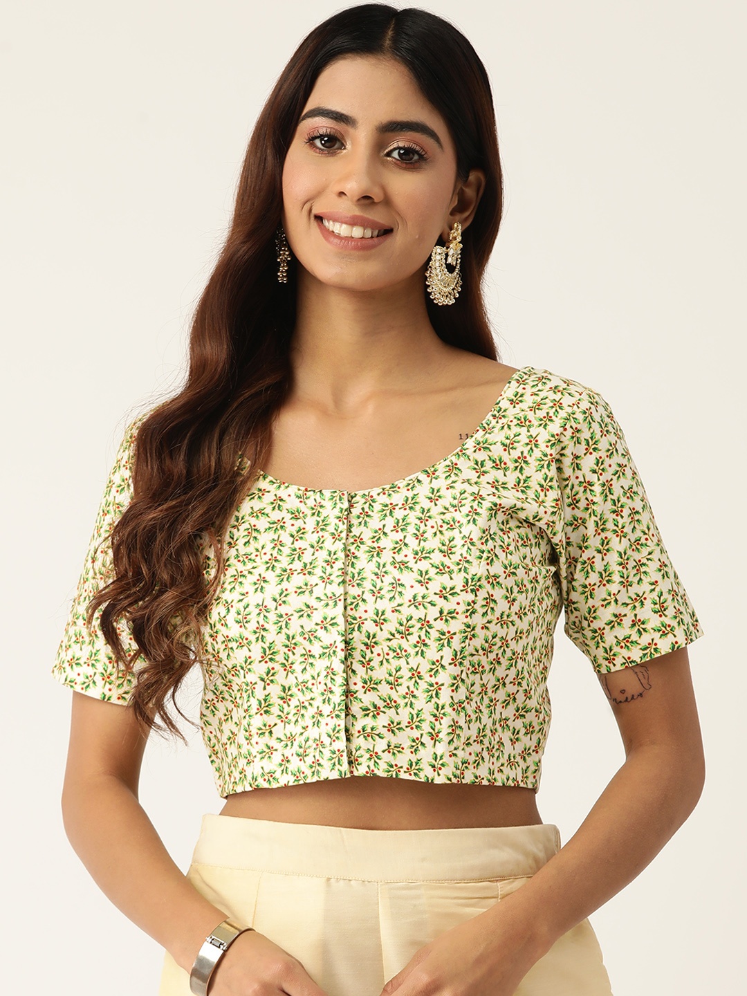 

Molcha Women Printed Cotton Front Open Saree Blouse, Off white