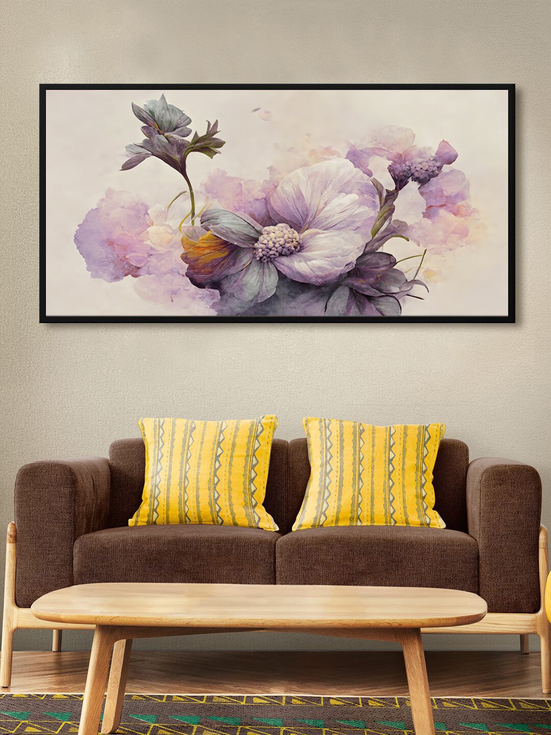 

999Store Beige & Lavender Flower With Leaf Modern Art Canvas Wall Painting