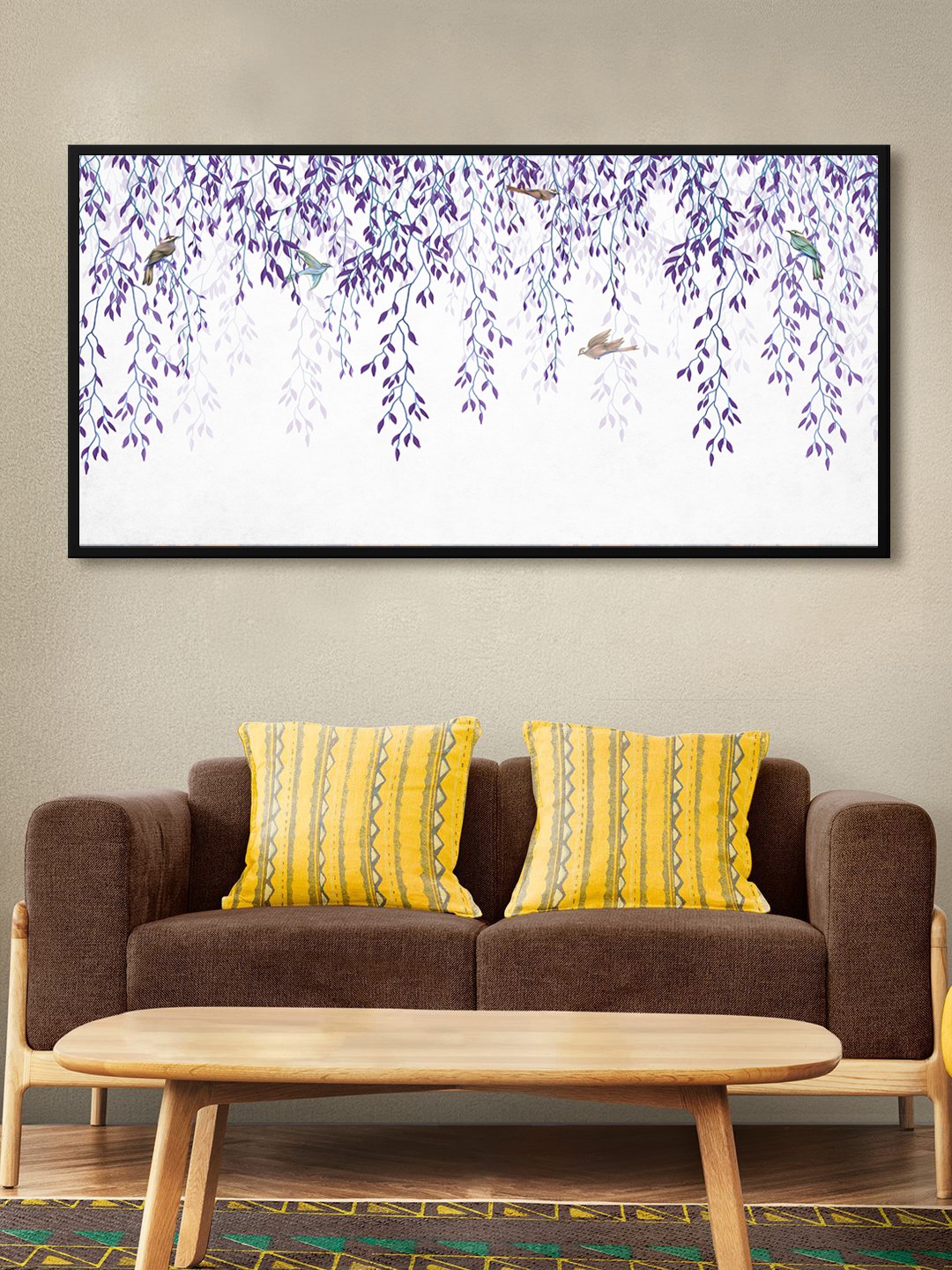 

999Store White & Blue Willow Purple Branch with Bird Canvas Modern Wall Art