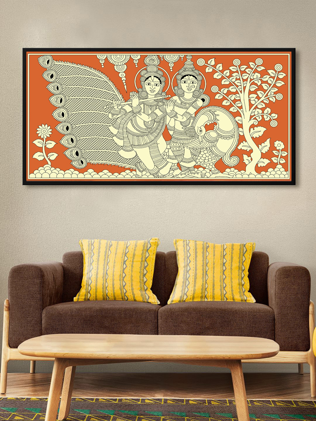 

999Store Orange & Off White Lord Krishna & Radha Printed Canvas Wall Painting