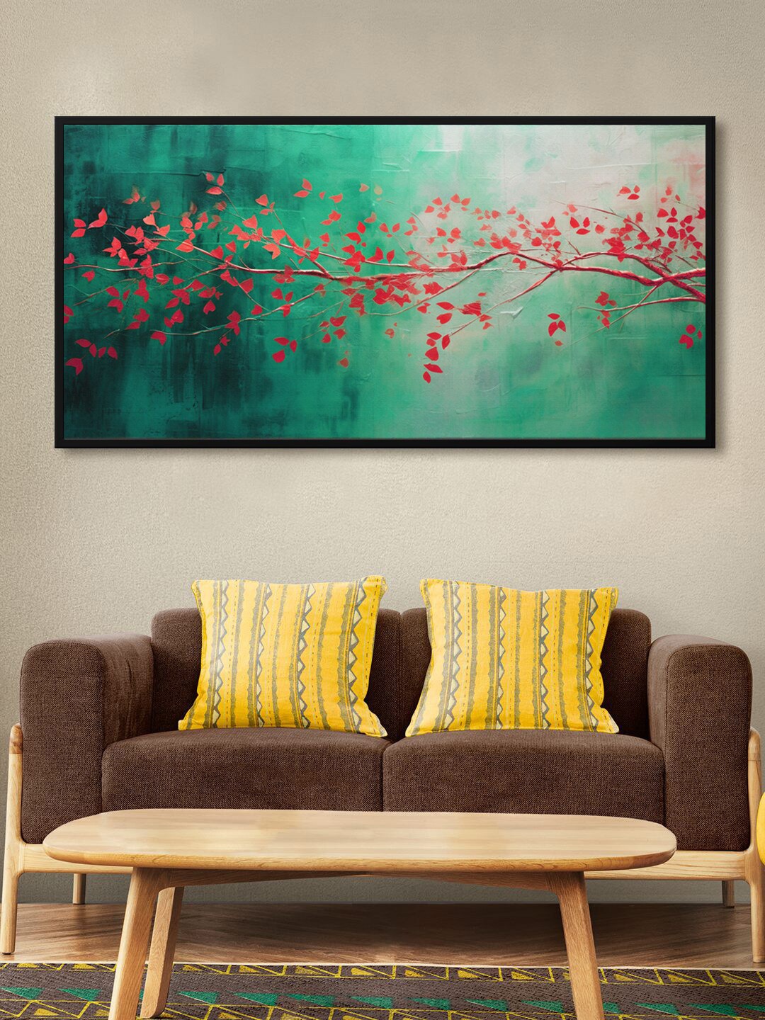 

999Store Green & Red Leaves With Abstract Background Wall Art Painting