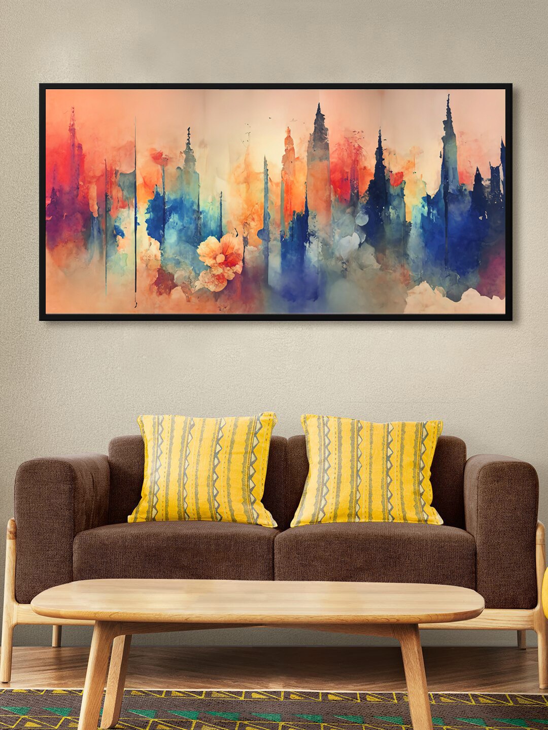 

999Store Orange & Blue Canvas City View Abstract Wall Painting