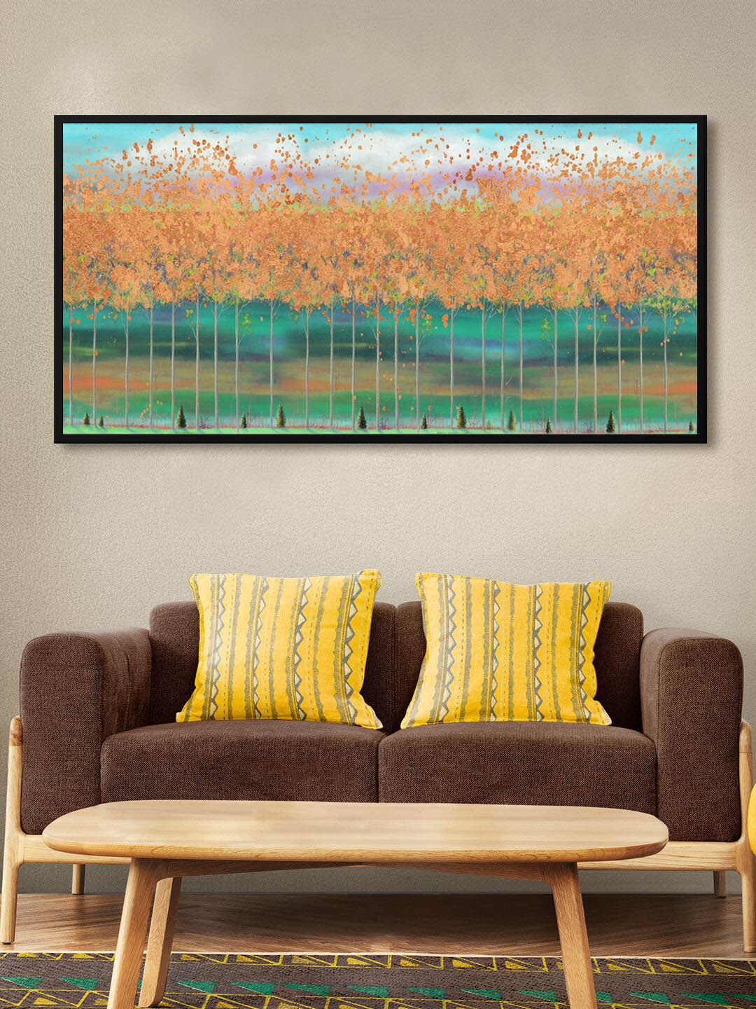 

999Store Green & Orange Floral Printed Canvas Wall Painting
